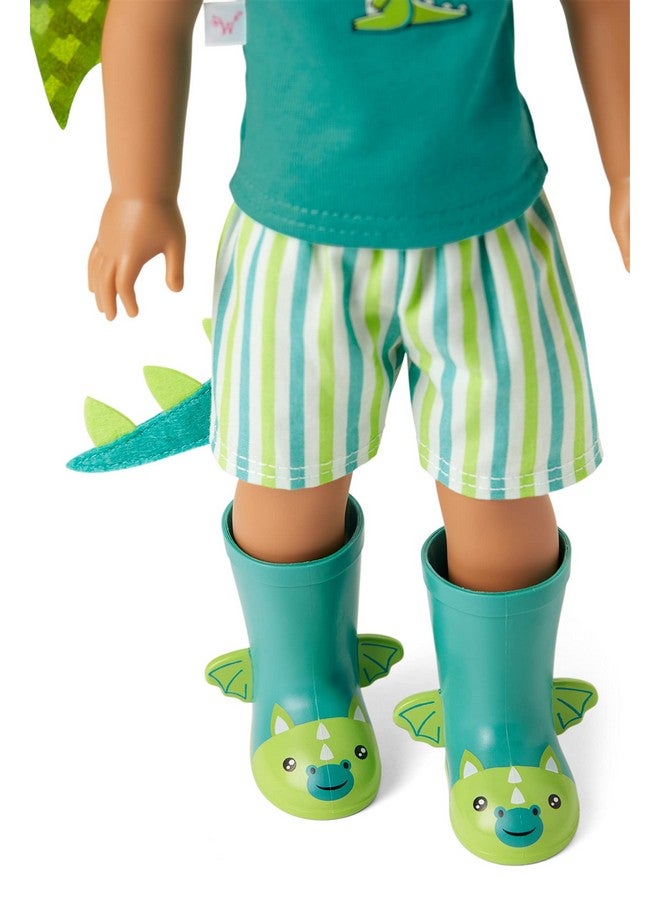 Welliewishers Bryant 14.5Inch Doll With Green Eyes, Medium Skin, Freckles, Brown Hair, A Shortsleeved Tshirt, Blueandgreen Striped Shorts, Glittery Dragon Wings, Ages 4+