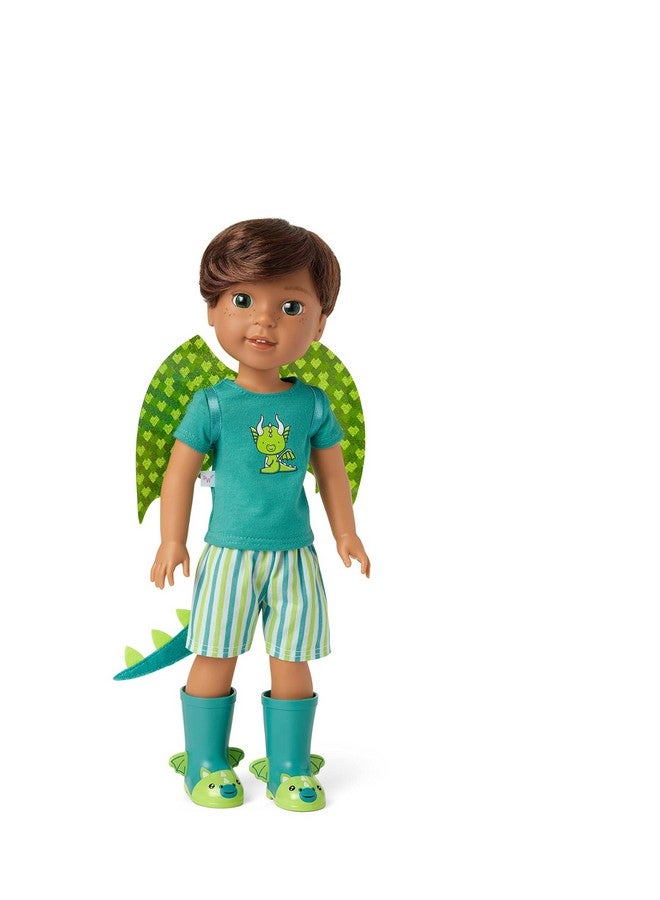 Welliewishers Bryant 14.5Inch Doll With Green Eyes, Medium Skin, Freckles, Brown Hair, A Shortsleeved Tshirt, Blueandgreen Striped Shorts, Glittery Dragon Wings, Ages 4+