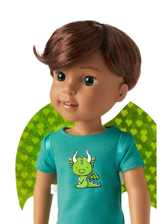 Welliewishers Bryant 14.5Inch Doll With Green Eyes, Medium Skin, Freckles, Brown Hair, A Shortsleeved Tshirt, Blueandgreen Striped Shorts, Glittery Dragon Wings, Ages 4+