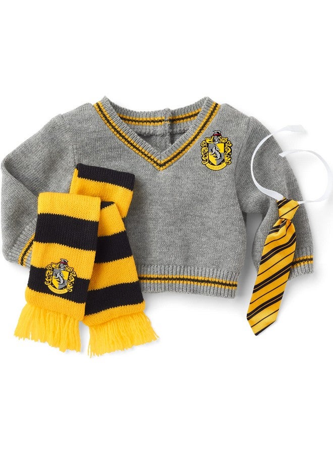 Harry Potter Hufflepuff 3Piece Set For 18Inch Dolls With Yellowandblacktrimmed Gray Sweater, Satin Tie, Yellowandblack Knit Scarf Featuring The Hufflepuff Crest Doll Not Included