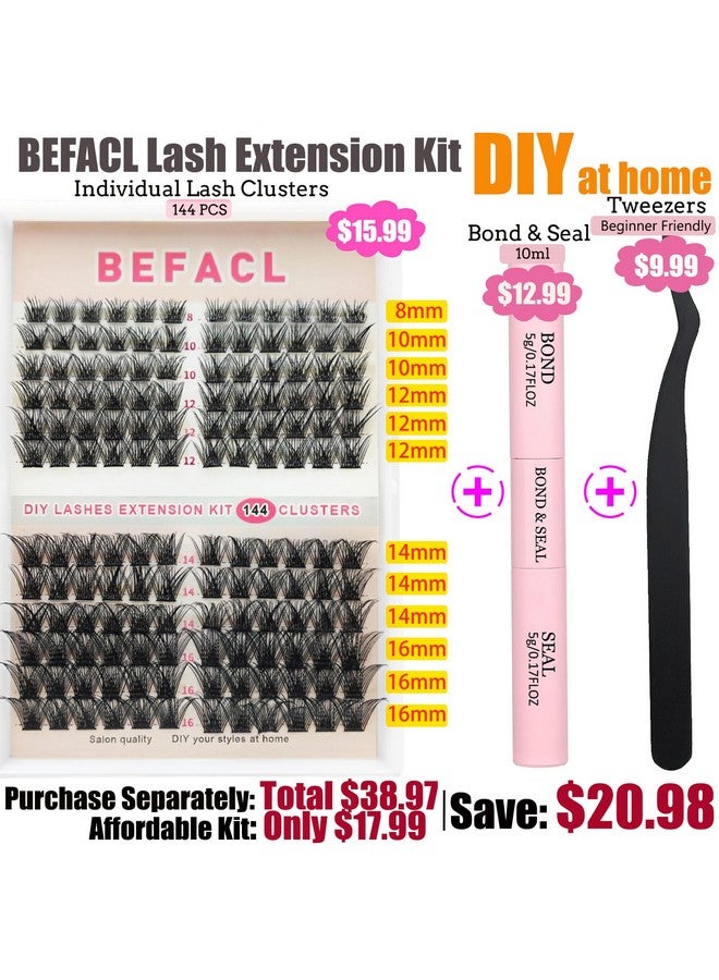 Diy Lash Extension Kit 144 Pcs Lash Clusters With Lash Bond And Seal Eyelash Tweezers 816Mm D Curl Individual Eyelash Extension Kit For Self Application Diy At Home, By Befacl