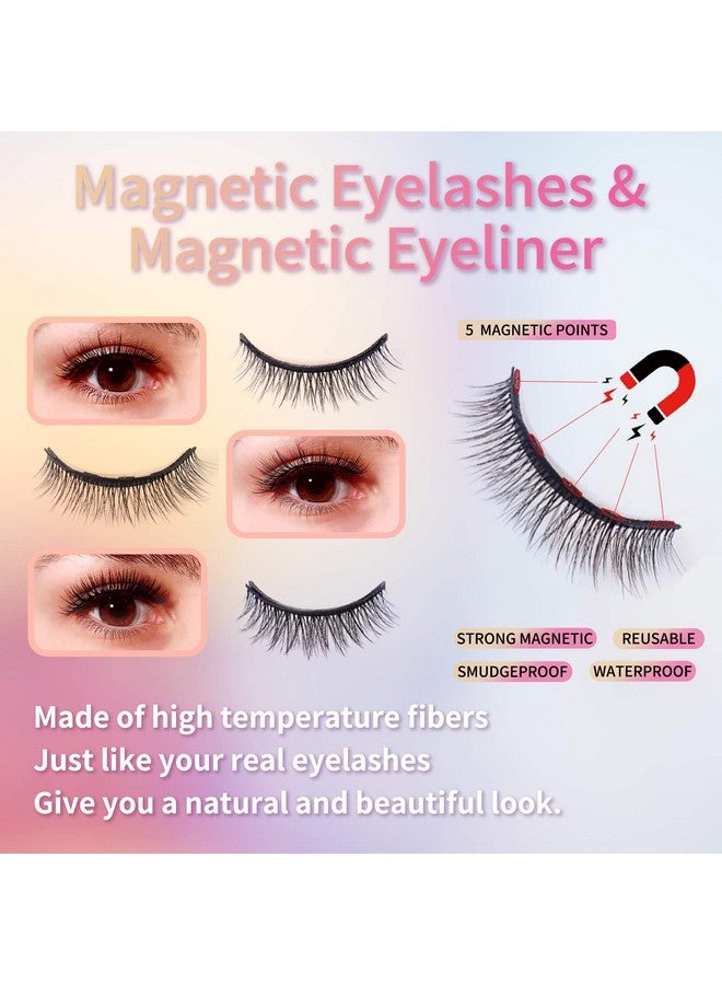 Natural Magnetic Eyelashes With Eyeliner,3 Pairs Natural Look False Lashes Kit,3D Short Magnetic Eyelash Set No Glue Needed