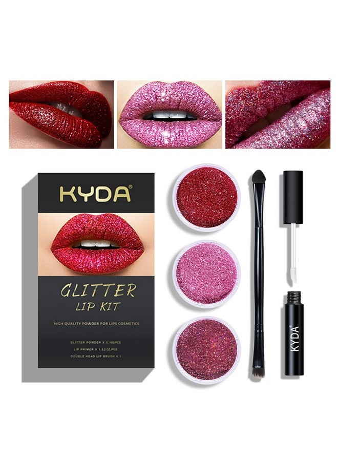 3 Colors Glitter Lip Kit, Diamond Metllic High Pigmented Powder For Lips Cosmetics, Glitter Lips Makeup,With Lip Primer And Brush, Long Wearset A