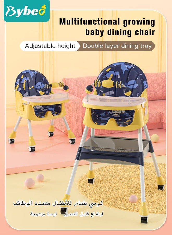 Baby High Chair for Toddlers, Foldable Children Highchairs, Dining Booster Seats with Adjustable Seat Height & Backrest, 4 Wheels and Removable Tray