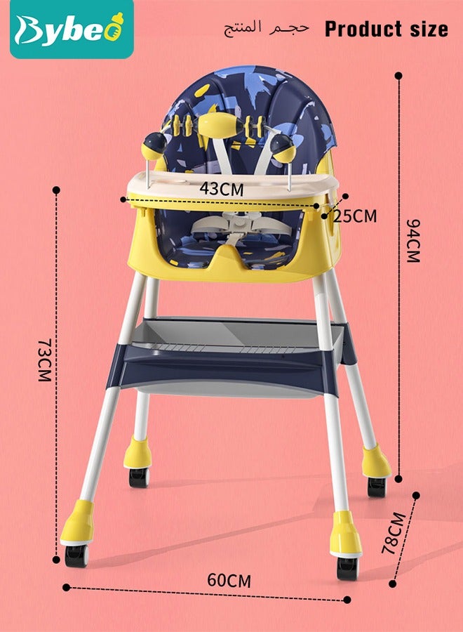 Baby High Chair for Toddlers, Foldable Children Highchairs, Dining Booster Seats with Adjustable Seat Height & Backrest, 4 Wheels and Removable Tray