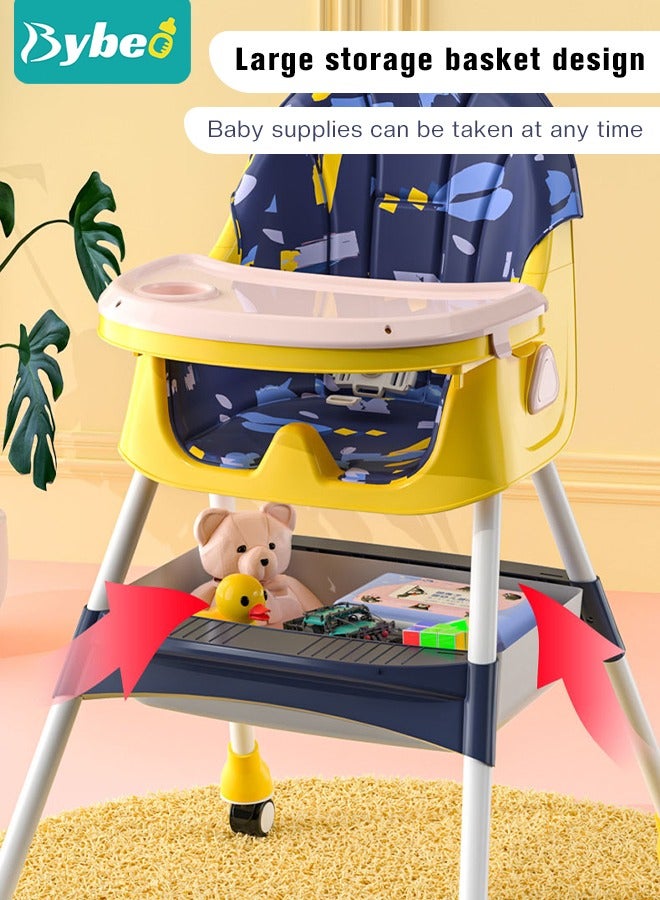 Baby High Chair for Toddlers, Foldable Children Highchairs, Dining Booster Seats with Adjustable Seat Height & Backrest, 4 Wheels and Removable Tray