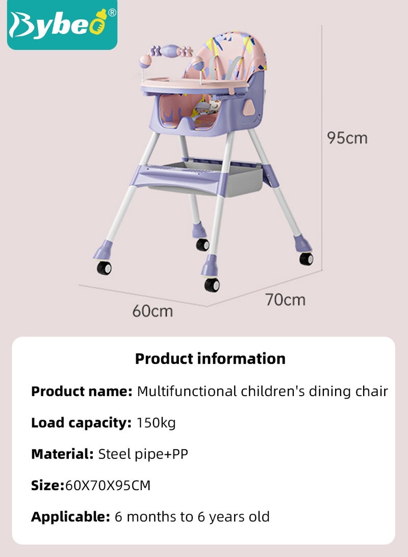 Baby High Chair for Toddlers, Foldable Children Highchairs, Dining Booster Seats with Adjustable Seat Height & Backrest, 4 Wheels and Removable Tray