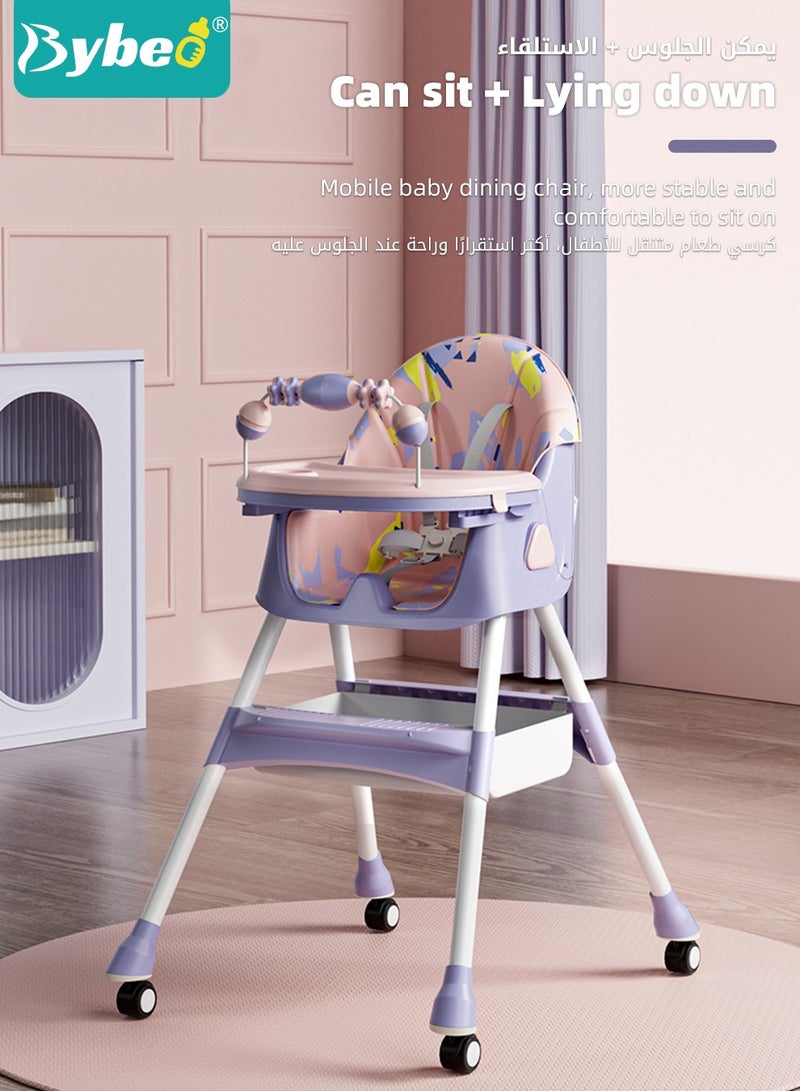 Baby High Chair for Toddlers, Foldable Children Highchairs, Dining Booster Seats with Adjustable Seat Height & Backrest, 4 Wheels and Removable Tray