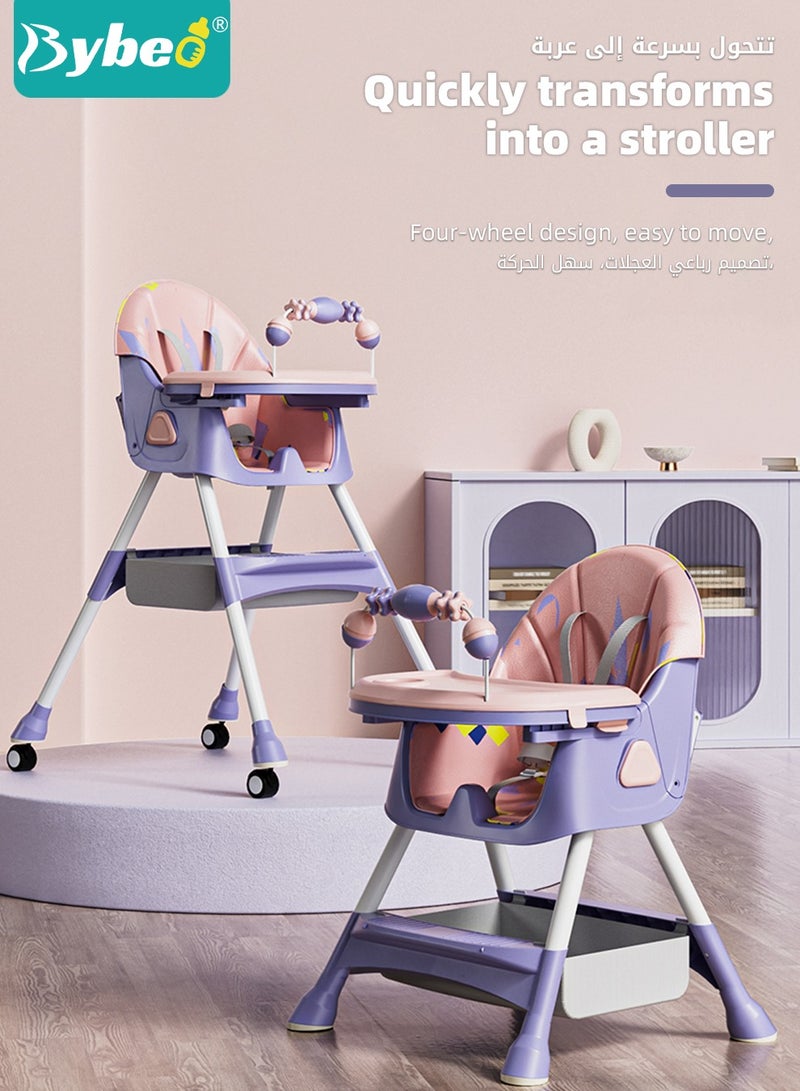 Baby High Chair for Toddlers, Foldable Children Highchairs, Dining Booster Seats with Adjustable Seat Height & Backrest, 4 Wheels and Removable Tray