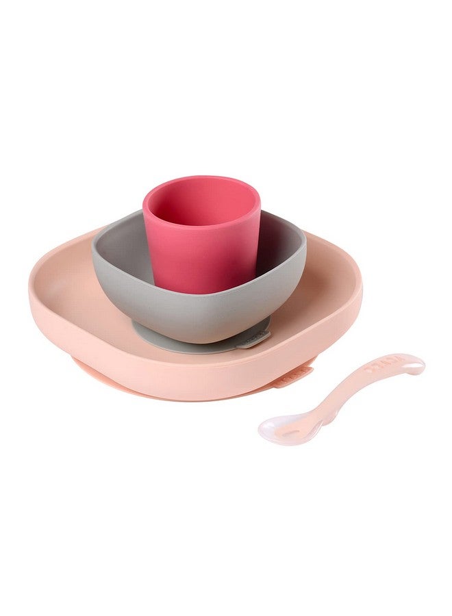 Silicone 4Piece Dishware 100% Silicone Baby Plate Set, Baby Bowls Includes Baby Plate, Baby Bowl, Baby Cup, 2Nd Stage Silicone Spoon, (Rose)