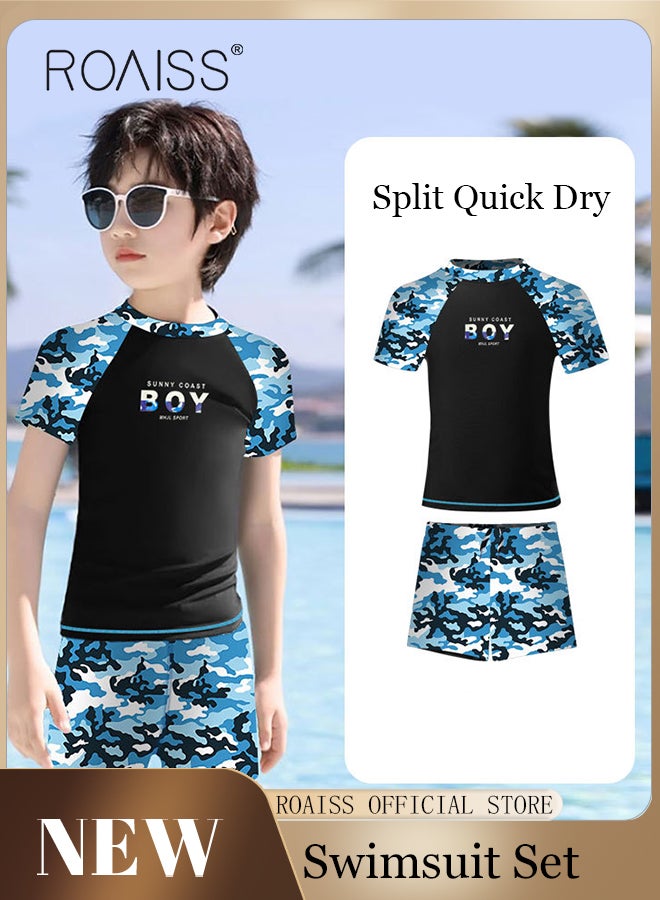 2 Piece Boys Swimsuit Swimming Trunks Set Toddler Kids Training Quick Dry Swimwear Children Short Sleeves Clothing Beachwear Split Bathing Suit for Summer Blue Black
