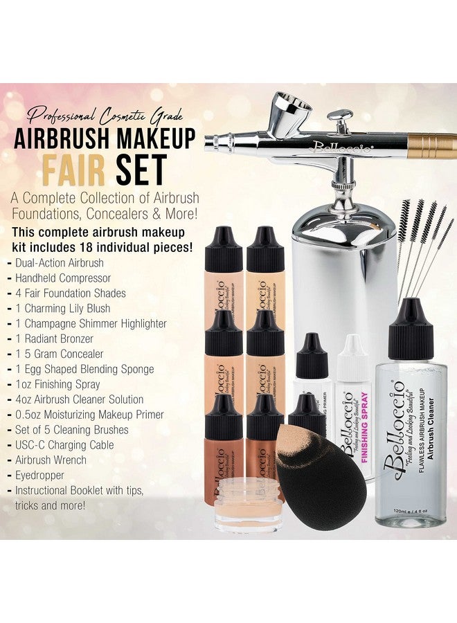 Complete Cordless Handheld Airbrush Cosmetic Makeup System With 4 Fair Foundation Shades, Professional 18Piece Kit, Moisturizing Primer, Blush, Bronzer, Highlighter, Concealer, User Guide