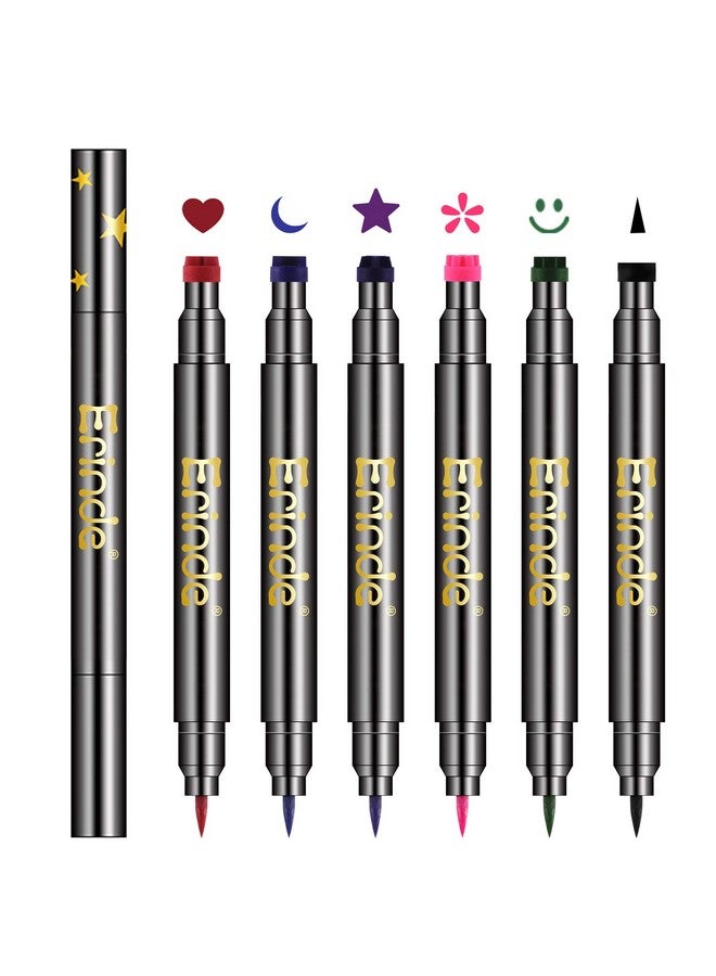 6 Colored Doubleheaded Liquid Eyeliner Stamp Pen Set, Blue Red Pink Purple Green Black Colorful Eye Liners For Women, Waterproof Longlasting Star Moon Heart Cute Eye Face Makeup