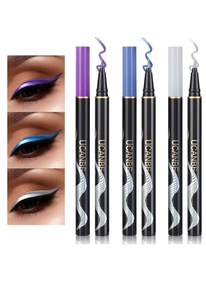 3 Color Metallic Glitter Waterproof Liquid Eyeliner Set For Eye Makeup, Silver Blue Purple Colored Eye Liner Pen, Pigmented Long Lasting Colorful Eye Liner, Makeup Gift Kit For Women