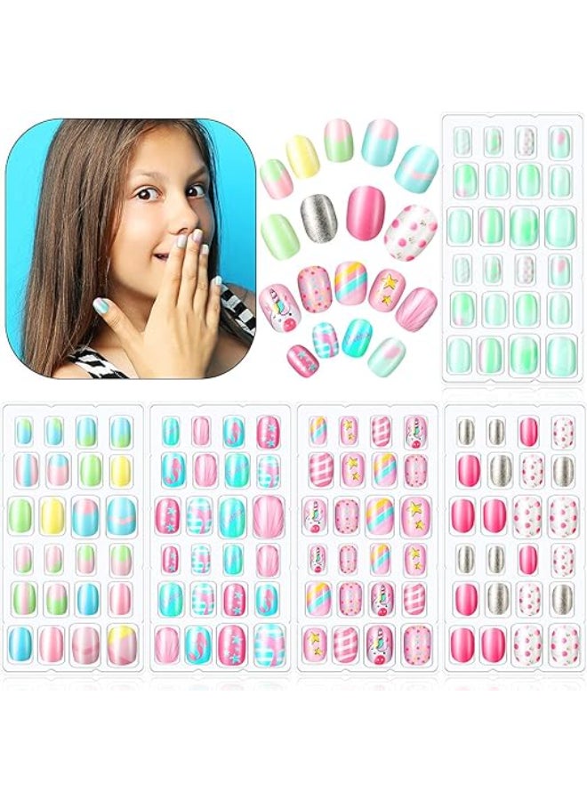 Kids Press on Nails Children, 120 Pieces Fake Nails Artificial Nail Tips Girls Full Cover Short False Fingernails for Girls Kids Nail Decoration (Lovely Pattern)