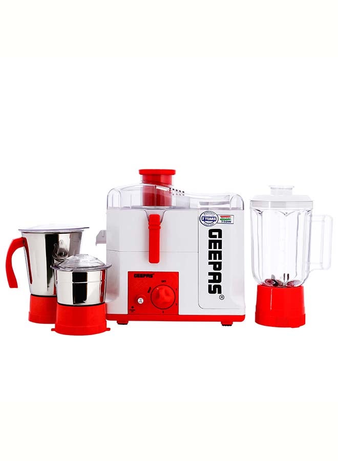 4-in-1 Juicer Mixer Grinder, Food Processor,  3 Speed Controls with Whip Function | Stainless Steel Jar Set | Overload Protection | Robust Handle 750 W GSB44077 White/Red