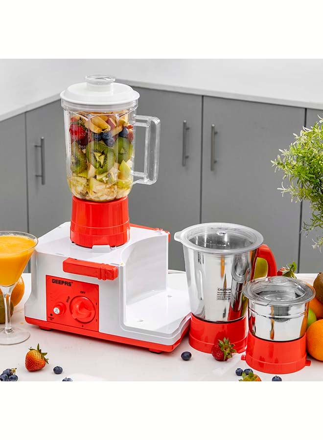 4-in-1 Juicer Mixer Grinder, Food Processor,  3 Speed Controls with Whip Function | Stainless Steel Jar Set | Overload Protection | Robust Handle 750 W GSB44077 White/Red