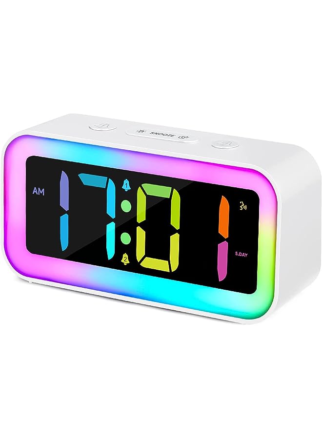 Loud Alarm Clock for Bedrooms with Colorful Dynamic RGB Night Light,Heavy Sleepers Adults,Dual Alarm,Dimmer,USB Charger,Small Bedside Led Digital Clocks for Kids,Teens,Boys,Girls(White)
