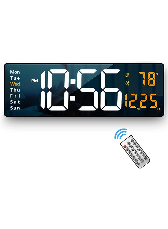 Wall Clock Large Display, 16.2 Inch Large Wall Clocks, LED Digital Clock with Remote Control for Living Room Decor, Automatic Brightness Dimmer Big Clock with Date Week Temperature (Orange)