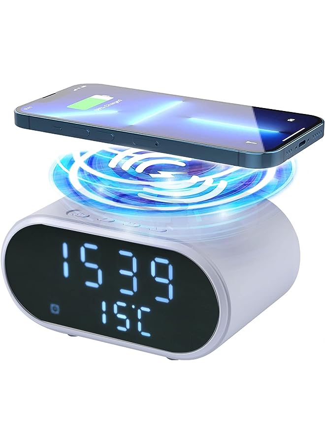 Clock With 15W Fast Wireless Charging, Digital Alarm Clocks Bedside Mains Powered, 3 Alarms, 4 Brightness, LED Display With Time/Temperature/Date,For Bedroom, Bedside, Office