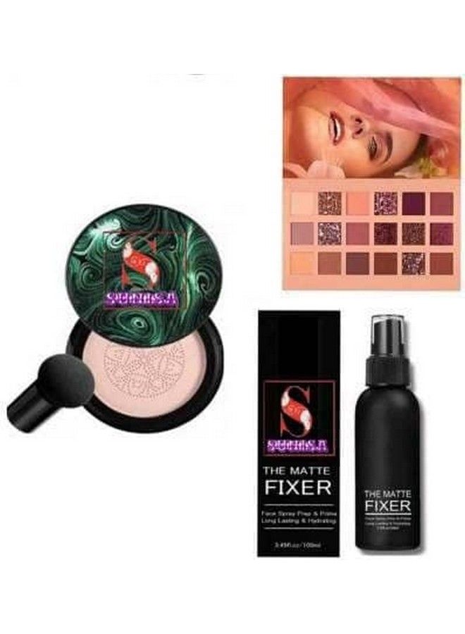 Bb And Cc Cream Foundation With Mushroom Head Air Cushion 20G And 1 The Matte Fixer With 1 Nude Eyeshadow Palatte (Pack Of 3)