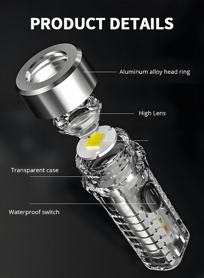 Mini EDC Flashlight Keychain Light High lumens Rechargeable Waterproof 7 Modes for Camping, Hiking, Emergency, Everyday Carry with Alarm Light Function (Clear)