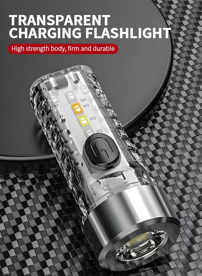 Mini EDC Flashlight Keychain Light High lumens Rechargeable Waterproof 7 Modes for Camping, Hiking, Emergency, Everyday Carry with Alarm Light Function (Clear)