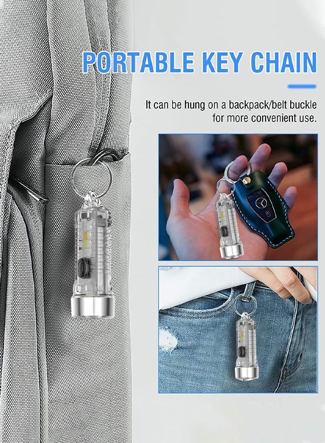 Mini EDC Flashlight Keychain Light High lumens Rechargeable Waterproof 7 Modes for Camping, Hiking, Emergency, Everyday Carry with Alarm Light Function (Clear)