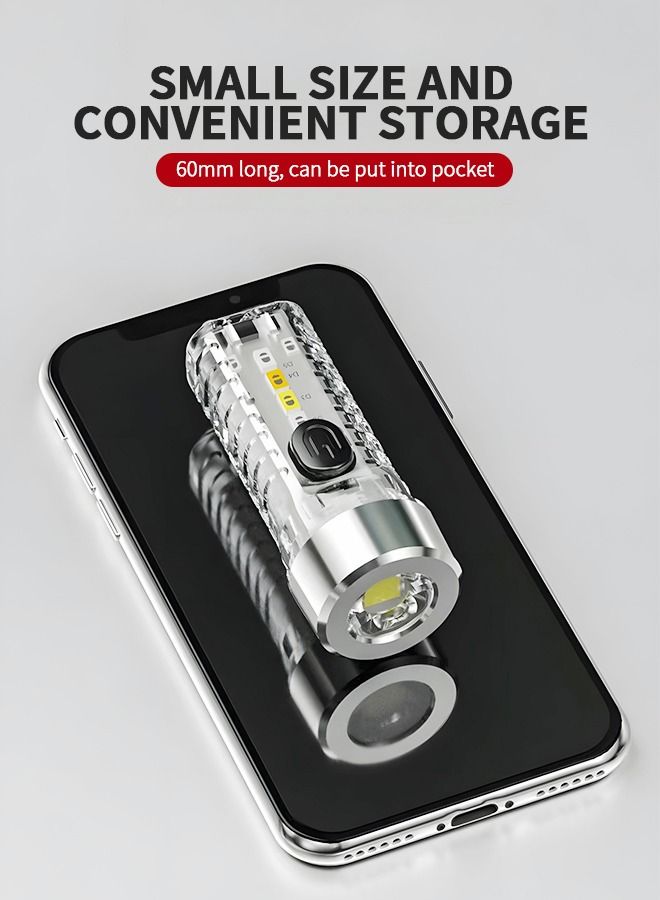 Mini EDC Flashlight Keychain Light High lumens Rechargeable Waterproof 7 Modes for Camping, Hiking, Emergency, Everyday Carry with Alarm Light Function (Clear)