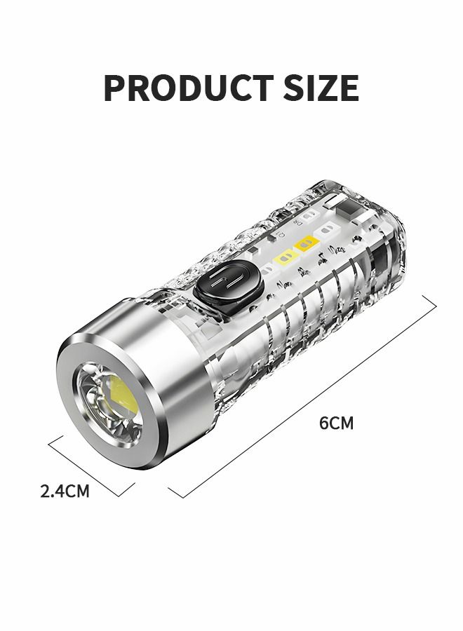 Mini EDC Flashlight Keychain Light High lumens Rechargeable Waterproof 7 Modes for Camping, Hiking, Emergency, Everyday Carry with Alarm Light Function (Clear)