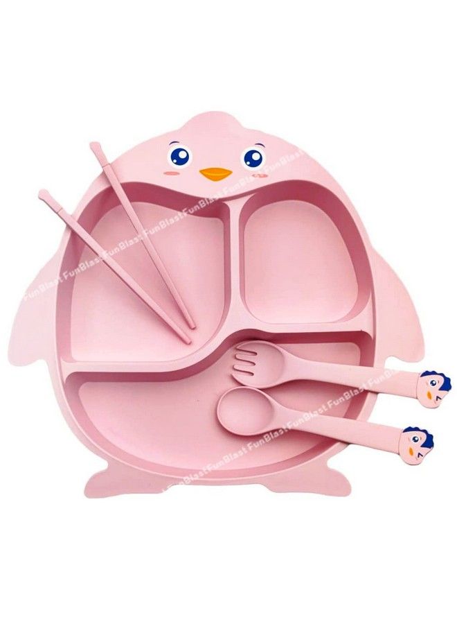 Bamboo Fiber Feeding Set For Kids Cartoon Design Children Tableware Set Utensils And Dishes Includes Plate Spoon Fork And Chopsticks Plates For Kids Tableware Cutlery (Pink)