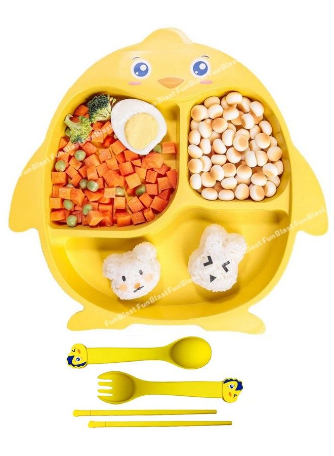 Bamboo Fiber Feeding Set For Kidscartoon Design Children Tableware Set Utensils And Dishes Includes Plate Spoon Fork And Chopsticks Plates For Kids Tableware Cutlery (Yellow)