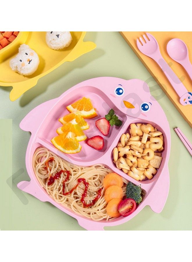 Bamboo Fiber Feeding Set For Kidscartoon Design Children Tableware Set Utensils And Dishes Includes Plate Spoon Fork And Chopsticks Plates For Kids Tableware Cutlery (Yellow)