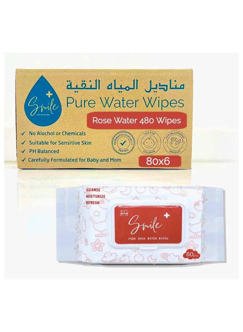 Smile Pure Rose Water Wipes, 480 count, Cleanse, Moisturize, Refresh, Hypoallergenic, Organic. both Adult and Children.