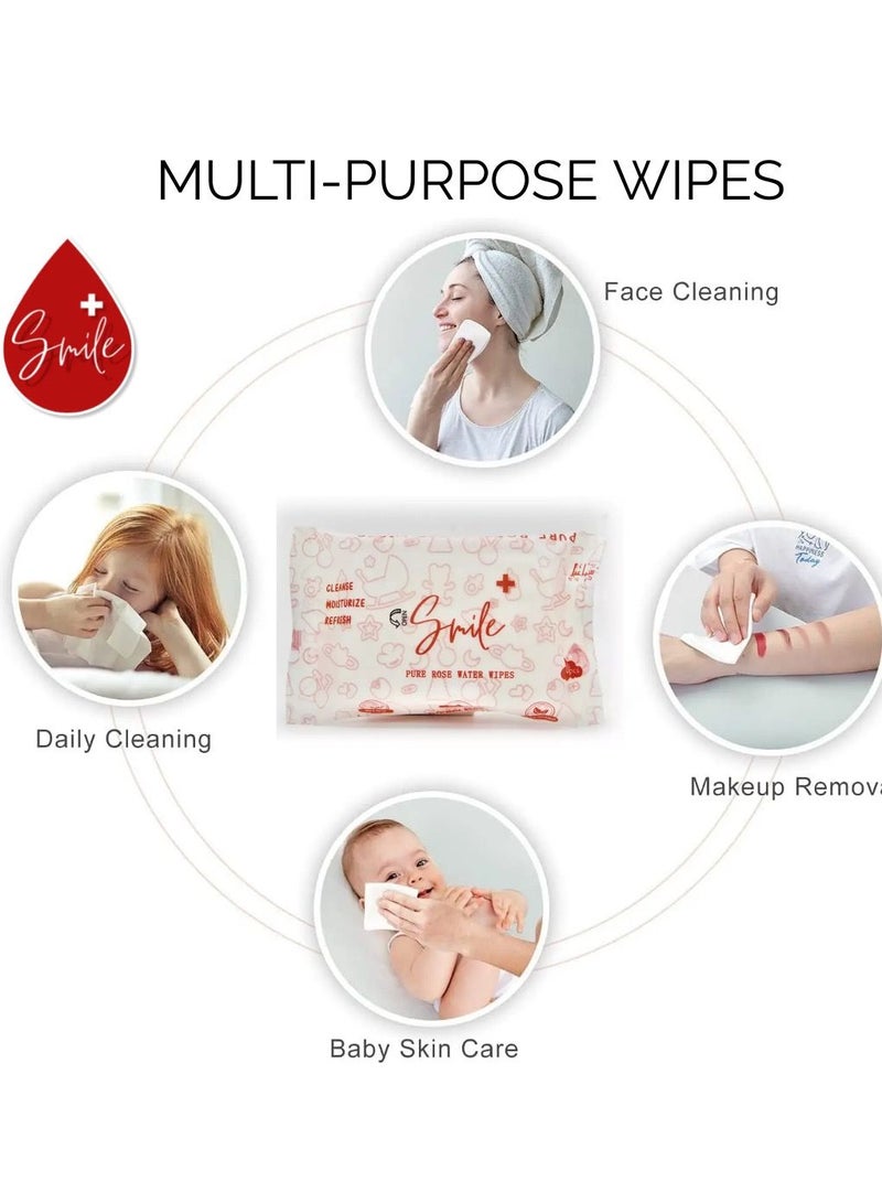 Smile Pure Rose Water Wipes, 480 count, Cleanse, Moisturize, Refresh, Hypoallergenic, Organic. both Adult and Children.