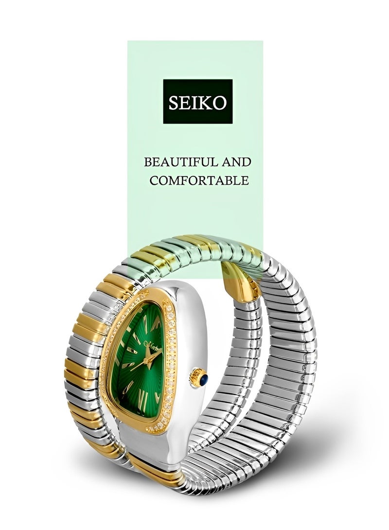 Women's Bracelet Watch with Oval Dial and Daily Waterproof & Personalized Snake-shaped Three-circle Wrist Bracelet Watch for Ladies as Gifts
