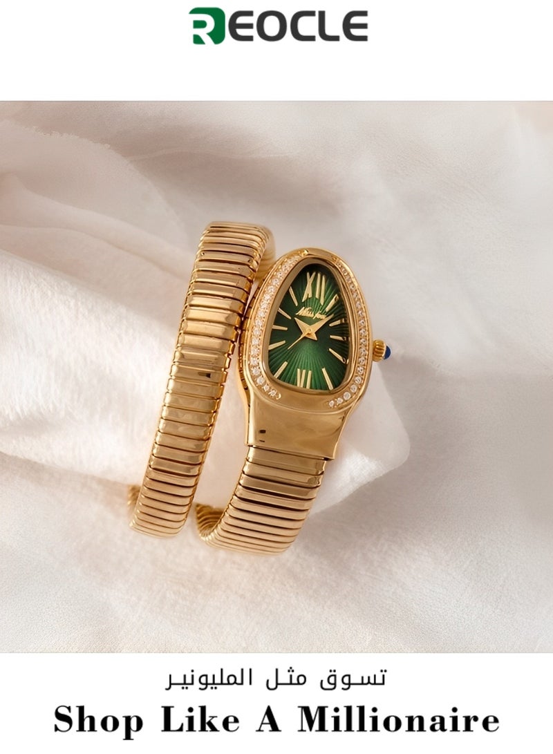 Women's Bracelet Watch with Oval Dial and Daily Waterproof & Personalized Snake-shaped Three-circle Wrist Bracelet Watch for Ladies as Gifts