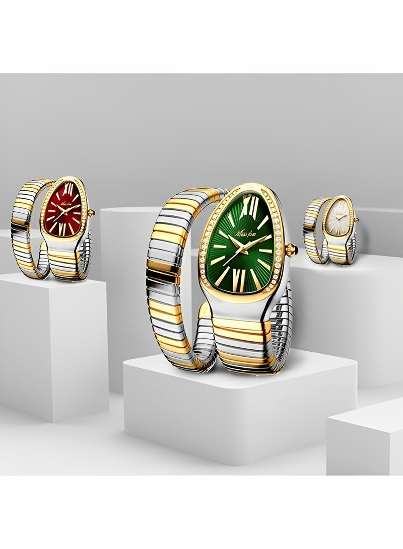 Women's Bracelet Watch with Oval Dial and Daily Waterproof & Personalized Snake-shaped Three-circle Wrist Bracelet Watch for Ladies as Gifts