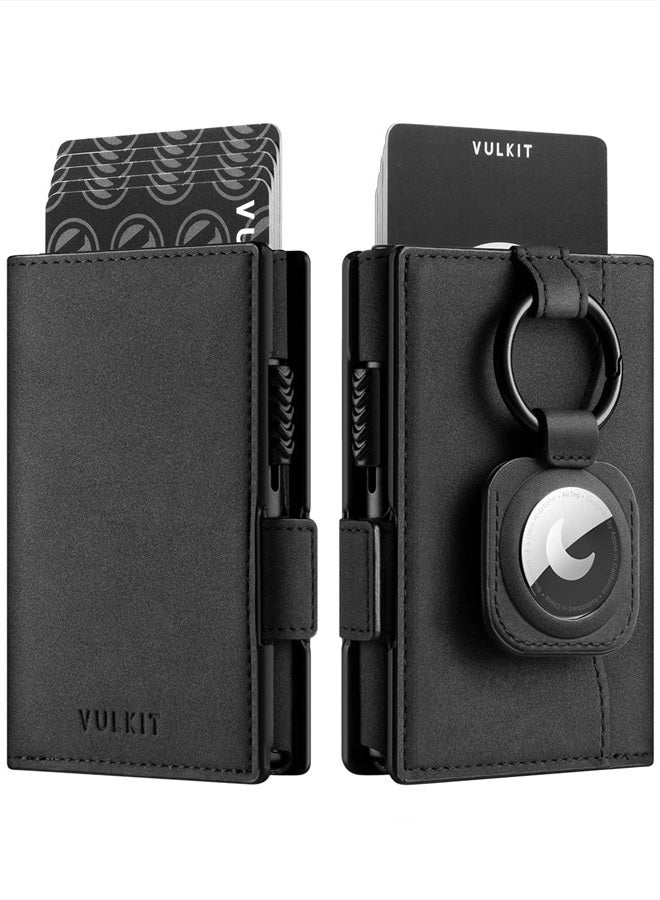 Card Holder Wallet with Airtag Holder & ID Window Pop Up Slim Leather Wallet RFID Blocking Magnetic Closure for Credit Cards and Cash Black