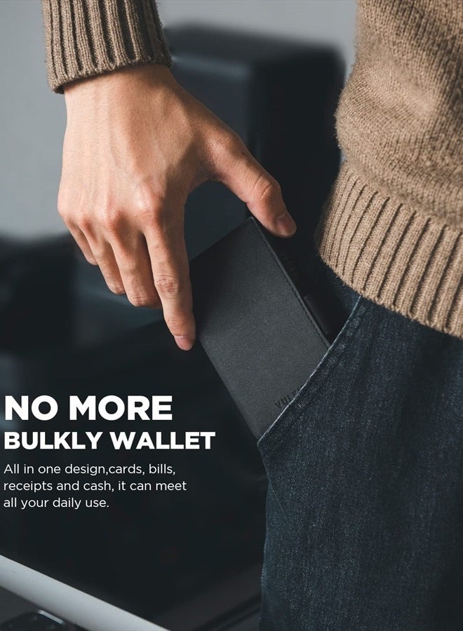 Card Holder Wallet with Airtag Holder & ID Window Pop Up Slim Leather Wallet RFID Blocking Magnetic Closure for Credit Cards and Cash Black