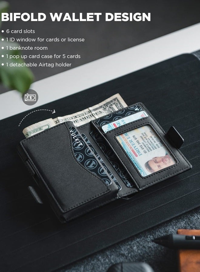 Card Holder Wallet with Airtag Holder & ID Window Pop Up Slim Leather Wallet RFID Blocking Magnetic Closure for Credit Cards and Cash Black