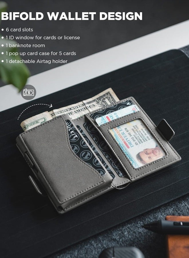Card Holder Wallet with Airtag Holder & ID Window Pop Up Slim Leather Wallet RFID Blocking Magnetic Closure for Credit Cards and Cash Grey