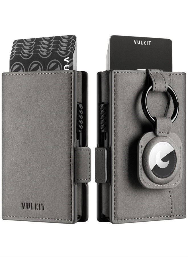Card Holder Wallet with Airtag Holder & ID Window Pop Up Slim Leather Wallet RFID Blocking Magnetic Closure for Credit Cards and Cash Grey