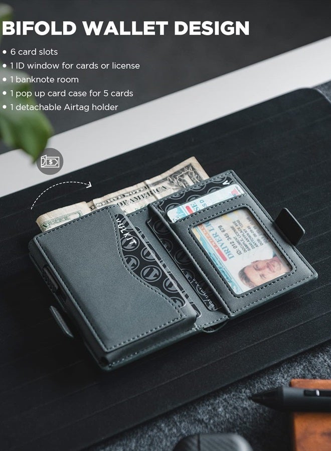 Card Holder Wallet with Airtag Holder & ID Window Pop Up Slim Leather Wallet RFID Blocking Magnetic Closure for Credit Cards and Cash Blue