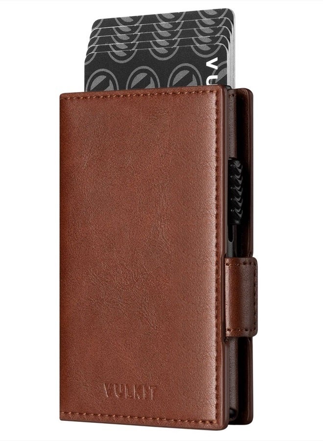 Card Holder Wallet with Airtag Holder & ID Window Pop Up Slim Leather Wallet RFID Blocking Magnetic Closure for Credit Cards and Cash Brown