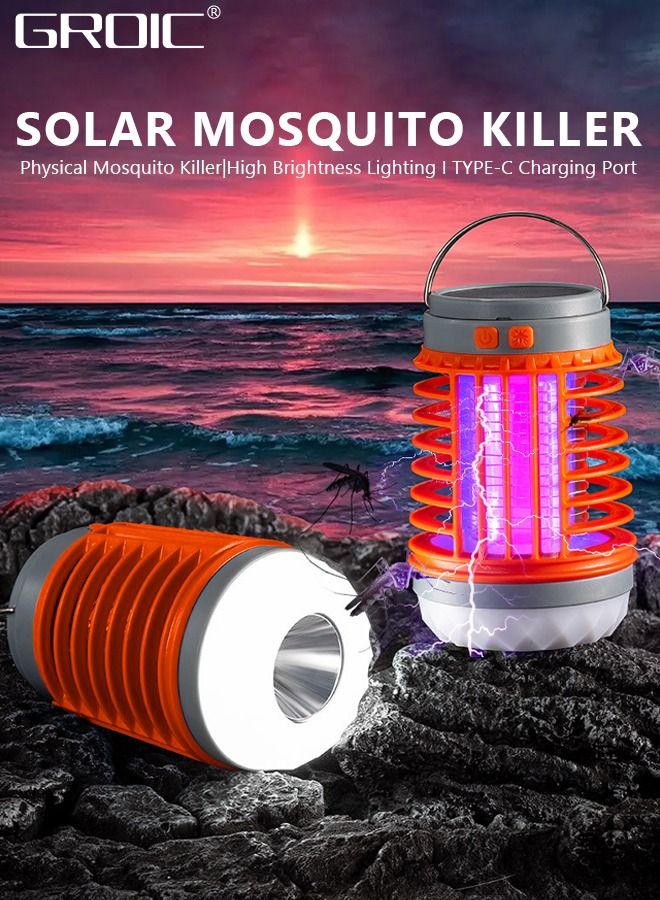 LED Camping Light, Solar & USB Rechargeable Lamp, Mosquito Killer Portable Waterproof Mosquito Repellent Outdoor Indoor LED Lantern Bug Zapper Camp Light Emergency Light for Camping, Fishing