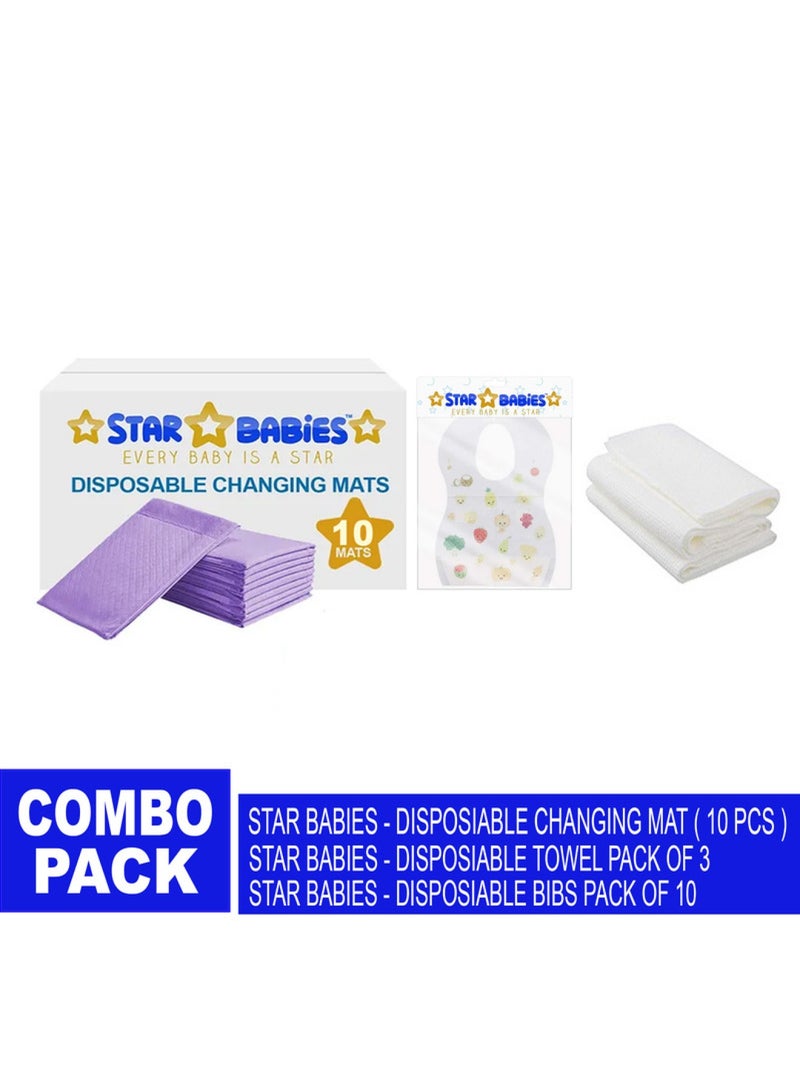 Combo Pack Pack Disposable Changing Mat 10Pcs Disposable Towel 3Pcs Bibs 10Pcs-Lavender