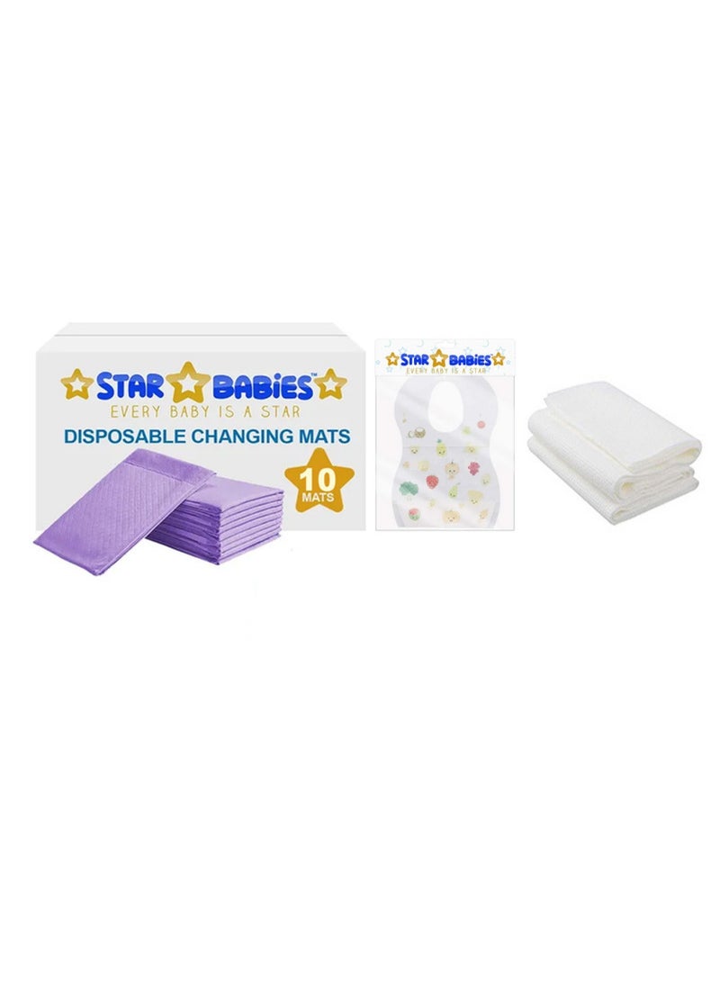 Combo Pack Pack Disposable Changing Mat 10Pcs Disposable Towel 3Pcs Bibs 10Pcs-Lavender