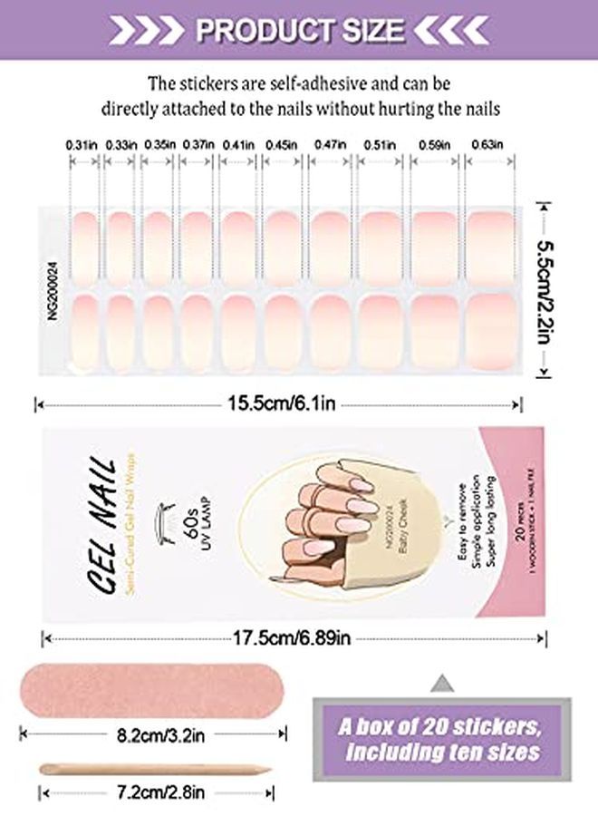 20Pcs Semi Cured Gel Nail Polish Strips, Gradient Pink Adhesive Full Wrap Gel Nail Art Sticker, Waterproof Gel Nail Wrap Stickers With Nail File And Stick?Uv/Led Lamp Required?