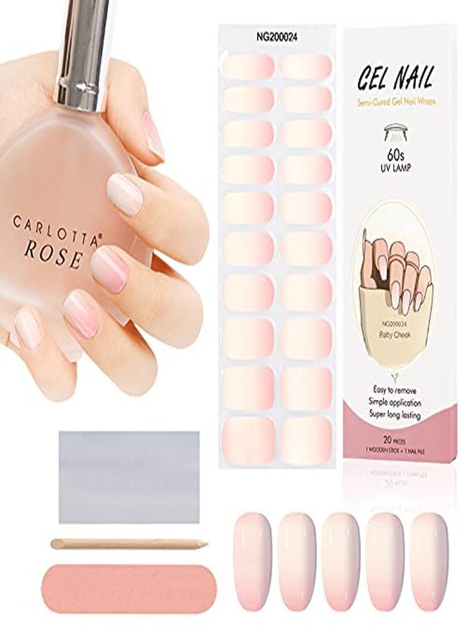 20Pcs Semi Cured Gel Nail Polish Strips, Gradient Pink Adhesive Full Wrap Gel Nail Art Sticker, Waterproof Gel Nail Wrap Stickers With Nail File And Stick?Uv/Led Lamp Required?